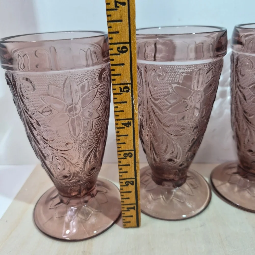 Vintage Amethyst Purple Pressed Glass Floral Footed Tumblers Set of 4